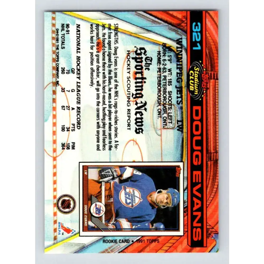 1991-92 Topps Stadium Club #321 Doug Evans NM-MT Winnipeg Jets Hockey Card - Hockey Card Single
