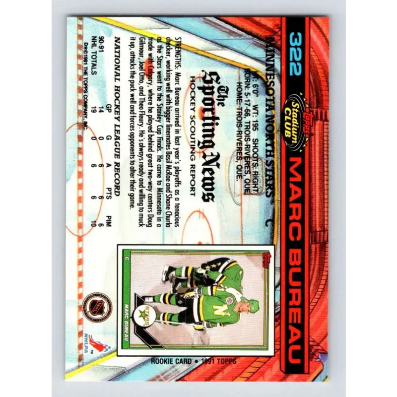 1991-92 Topps Stadium Club #322 Marc Bureau NM-MT Minnesota North Stars Hockey Card - Hockey Card Single