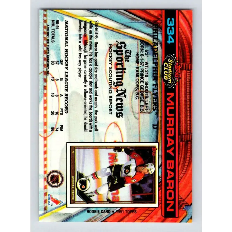 1991-92 Topps Stadium Club #334 Murray Baron NM-MT Philadelphia Flyers Hockey Card - Hockey Card Single