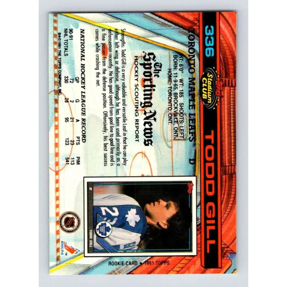 1991-92 Topps Stadium Club #336 Todd Gill NM-MT Toronto Maple Leafs Hockey Card - Hockey Card Single