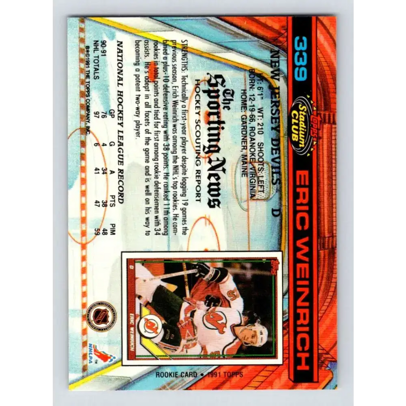 1991-92 Topps Stadium Club #339 Eric Weinrich NM-MT New Jersey Devils Hockey Card - Hockey Card Single
