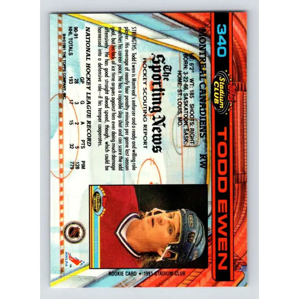 1991-92 Topps Stadium Club #340 Todd Ewen NM-MT Montreal Canadiens Hockey Card - Hockey Card Single