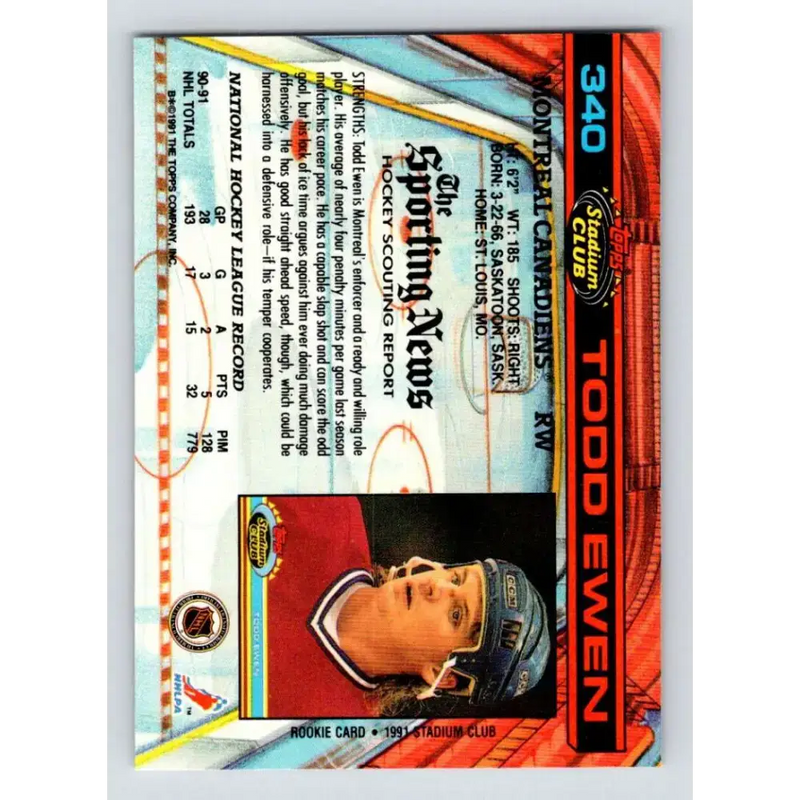 1991-92 Topps Stadium Club #340 Todd Ewen NM-MT Montreal Canadiens Hockey Card - Hockey Card Single