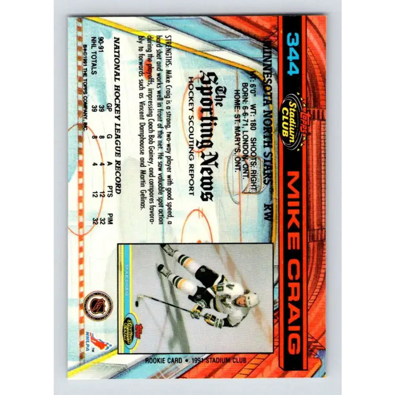 1991-92 Topps Stadium Club #344 Mike Craig NM-MT Minnesota North Stars Hockey Card - Hockey Card Single