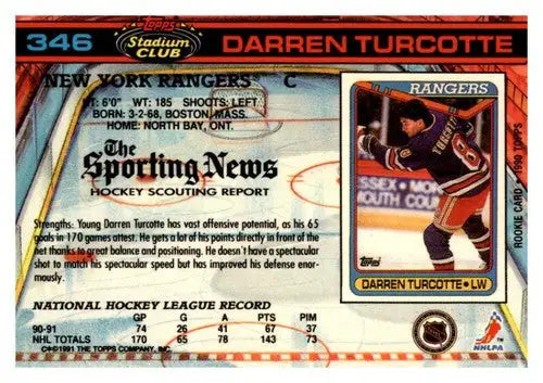Original gloss 1991-92 Topps Stadium Club Darren Turcotte NY Rangers hockey card