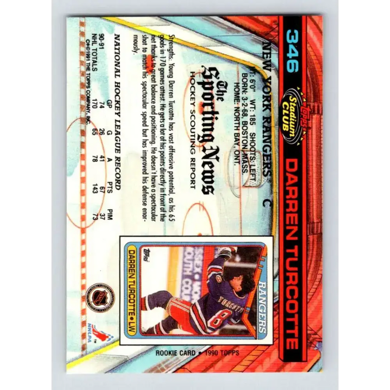 1991-92 Topps Stadium Club #346 Darren Turcotte NM-MT New York Rangers Hockey Card - Hockey Card Single