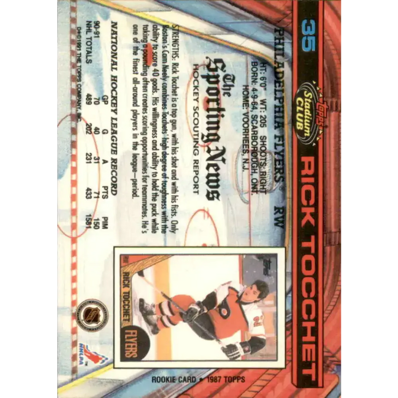 1991-92 Topps Stadium Club #35 Rick Tocchet NM-MT Philadelphia Flyers Hockey Card - Hockey Card Single