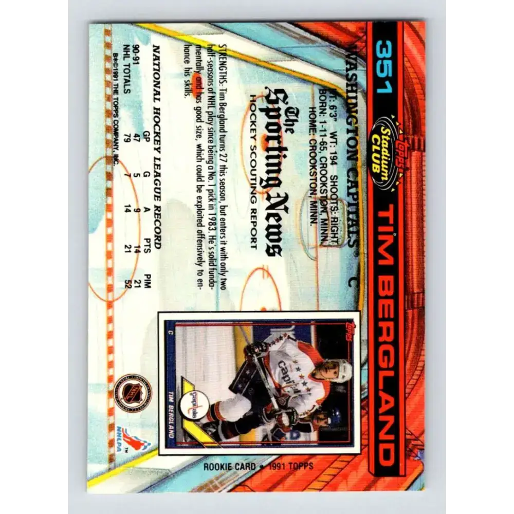 1991-92 Topps Stadium Club #351 Tim Bergland NM-MT Washington Capitals Hockey Card - Hockey Card Single