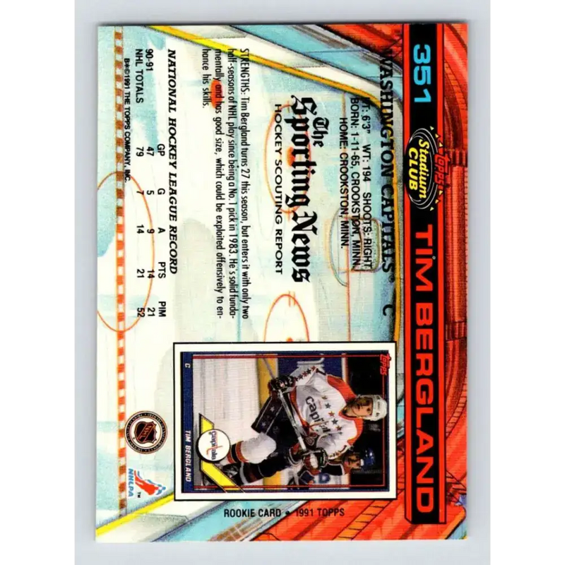 1991-92 Topps Stadium Club #351 Tim Bergland NM-MT Washington Capitals Hockey Card - Hockey Card Single