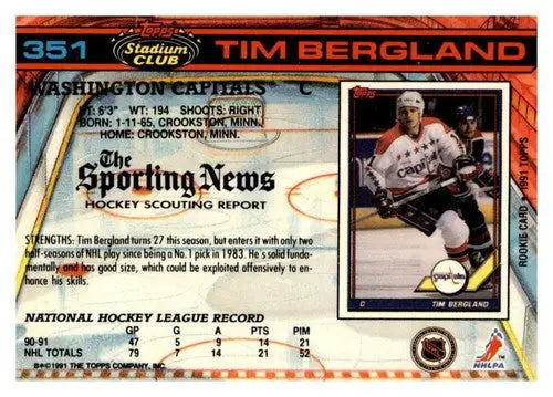 Original gloss 1991-92 Topps Stadium Club Tim Bergland hockey card featuring Tim Bergland and Simply Sandoval