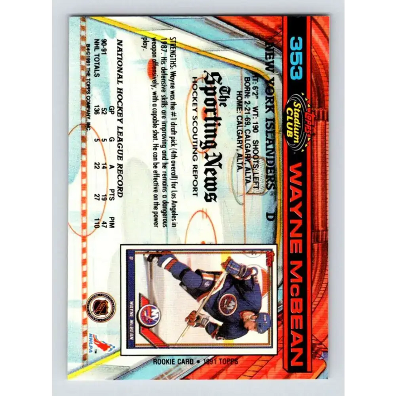 1991-92 Topps Stadium Club #353 Wayne McBean NM-MT New York Islanders Hockey Card - Hockey Card Single