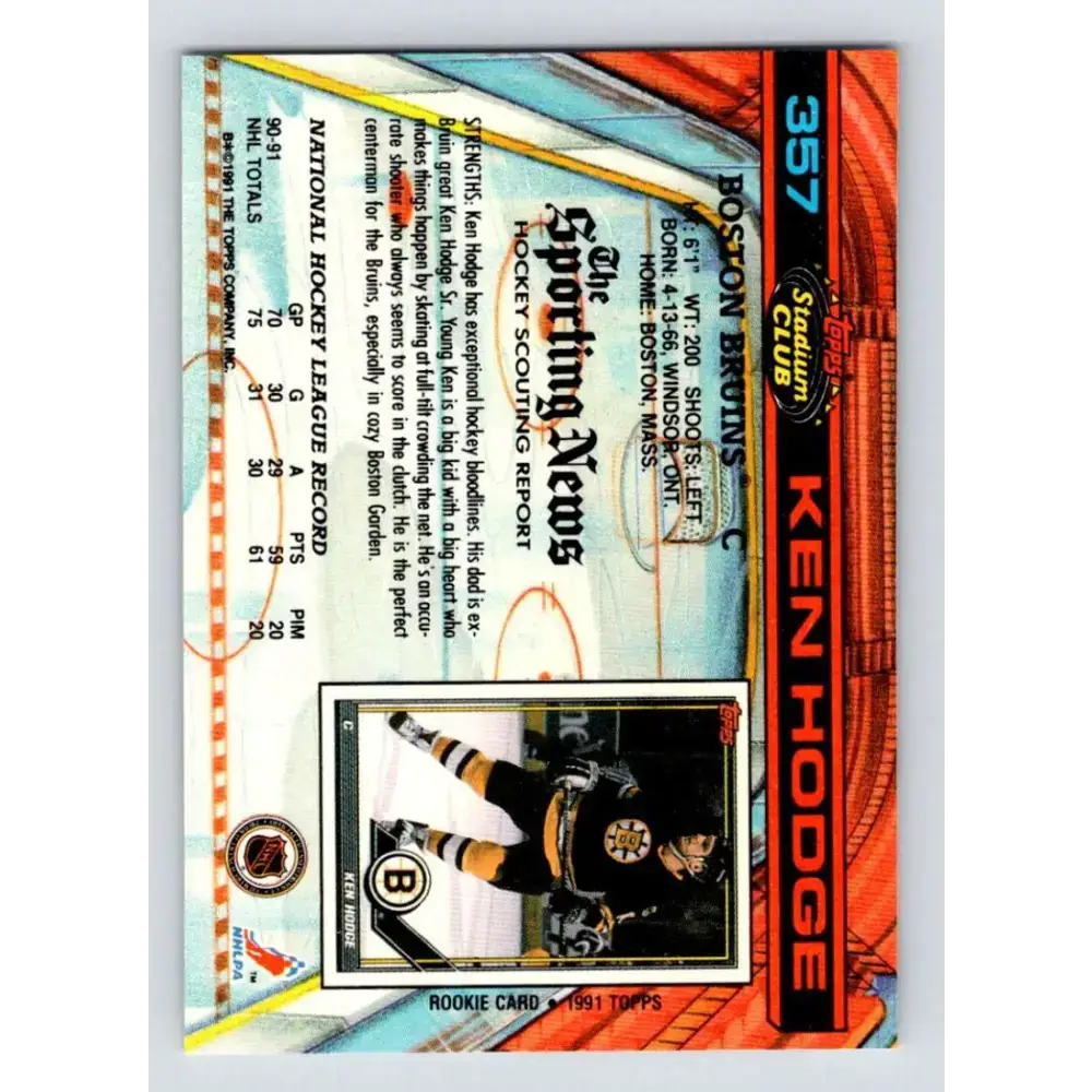1991-92 Topps Stadium Club #357 Ken Hodge Jr. NM-MT Boston Bruins Hockey Card - Hockey Card Single