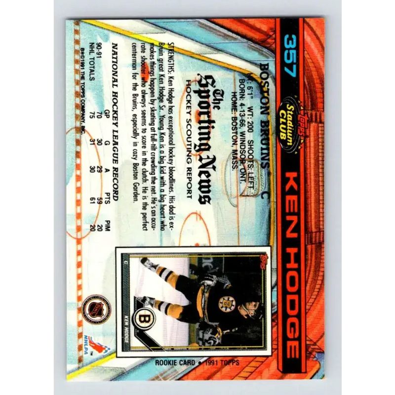 1991-92 Topps Stadium Club #357 Ken Hodge Jr. NM-MT Boston Bruins Hockey Card - Hockey Card Single