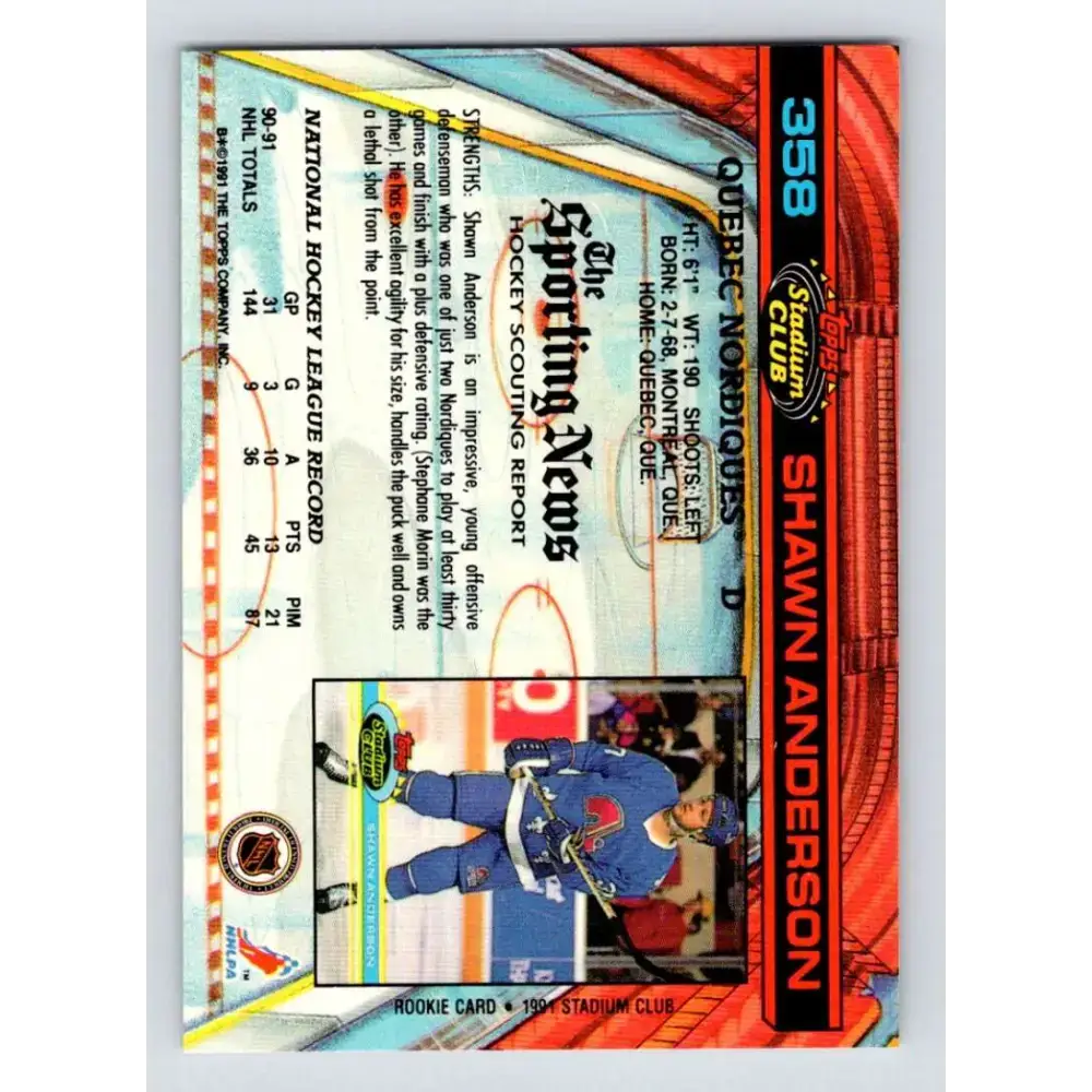 1991-92 Topps Stadium Club #358 Shawn Anderson NM-MT Quebec Nordiques Hockey Card - Hockey Card Single
