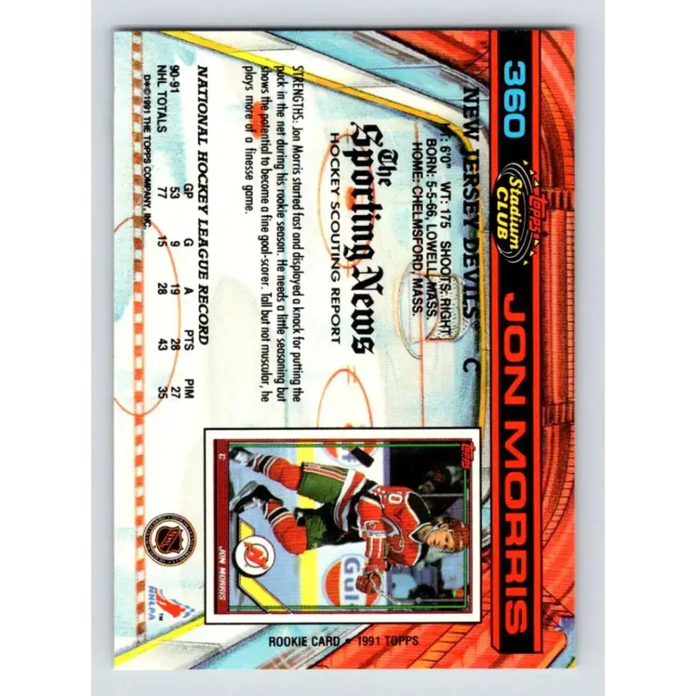 1991-92 Topps Stadium Club #360 Jon Morris NM-MT New Jersey Devils Hockey Card - Hockey Card Single
