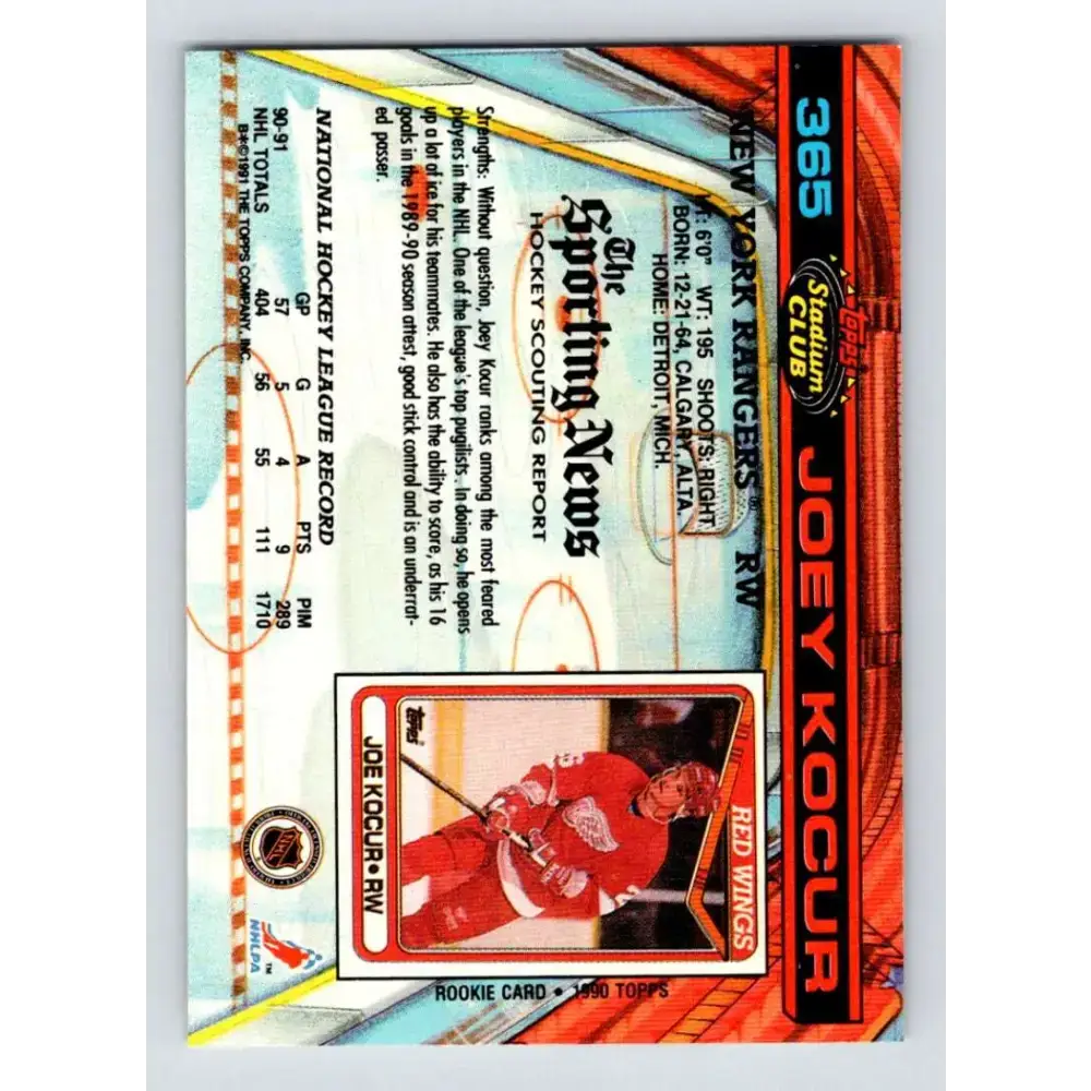 1991-92 Topps Stadium Club #365 Joey Kocur NM-MT New York Rangers Hockey Card - Hockey Card Single