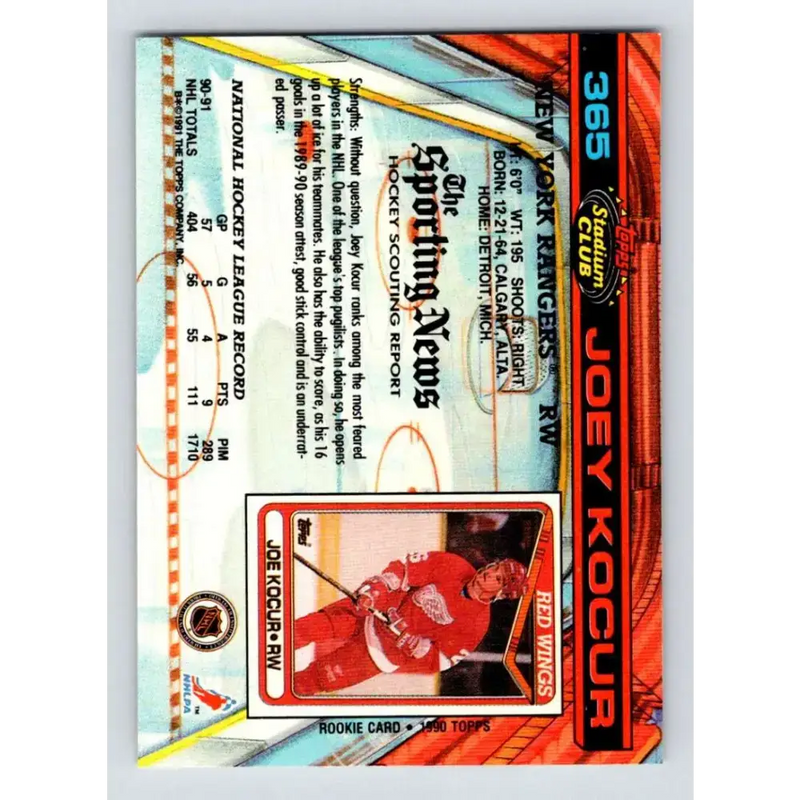 1991-92 Topps Stadium Club #365 Joey Kocur NM-MT New York Rangers Hockey Card - Hockey Card Single