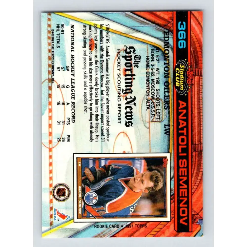1991-92 Topps Stadium Club #366 Anatoli Semenov NM-MT Edmonton Oilers Hockey Card - Hockey Card Single