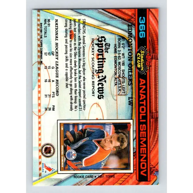 1991-92 Topps Stadium Club #366 Anatoli Semenov NM-MT Edmonton Oilers Hockey Card - Hockey Card Single