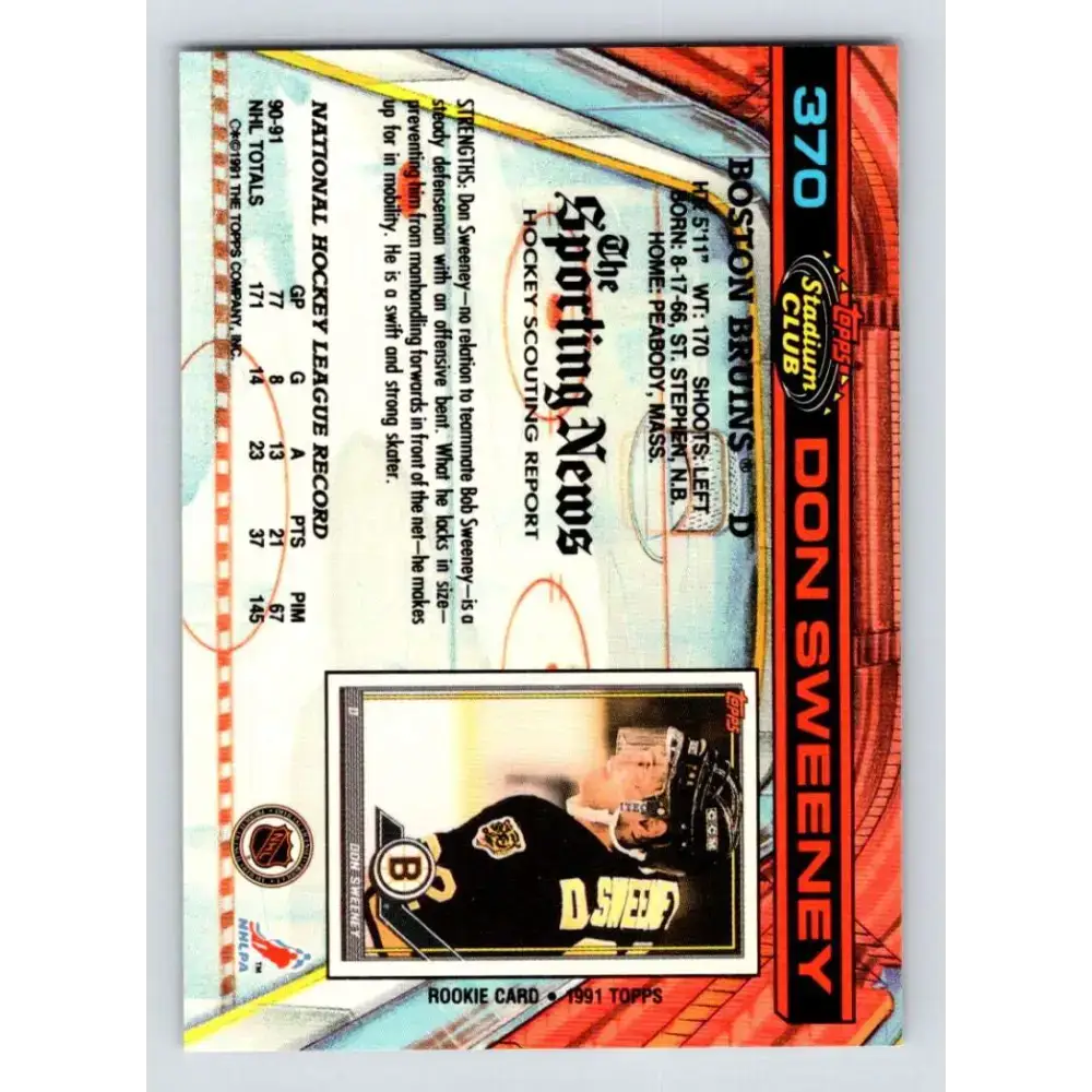 1991-92 Topps Stadium Club #370 Don Sweeney NM-MT Boston Bruins Hockey Card - Hockey Card Single
