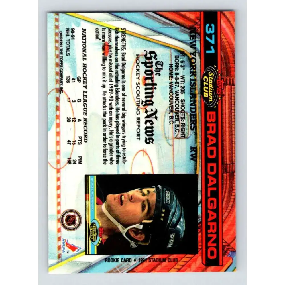 1991-92 Topps Stadium Club #371 Brad Dalgarno NM-MT New York Islanders Hockey Card - Hockey Card Single