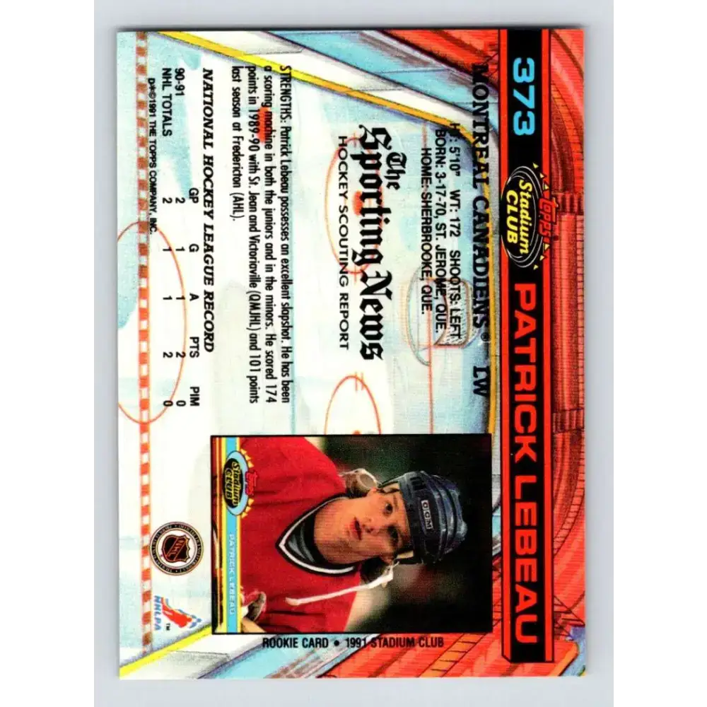 1991-92 Topps Stadium Club #373 Patrick Lebeau UER NM-MT RC Rookie Montreal Canadiens Hockey Card - Hockey Card Single