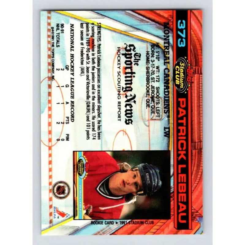 1991-92 Topps Stadium Club #373 Patrick Lebeau UER NM-MT RC Rookie Montreal Canadiens Hockey Card - Hockey Card Single