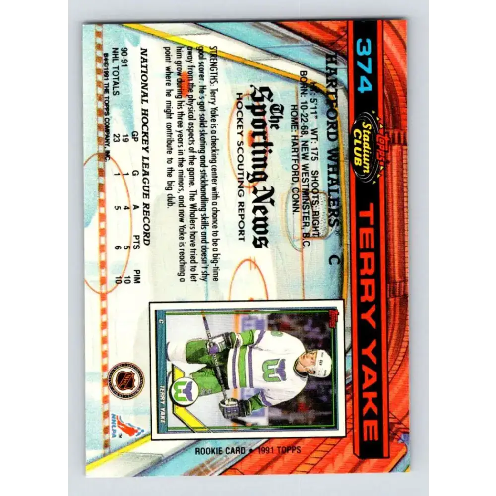 1991-92 Topps Stadium Club #374 Terry Yake NM-MT Hartford Whalers Hockey Card - Hockey Card Single