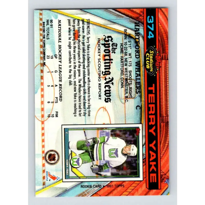 1991-92 Topps Stadium Club #374 Terry Yake NM-MT Hartford Whalers Hockey Card - Hockey Card Single
