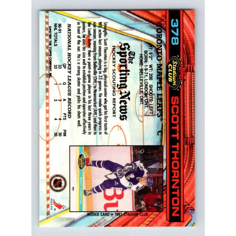 1991-92 Topps Stadium Club #378 Scott Thornton NM-MT Toronto Maple Leafs Hockey Card - Hockey Card Single