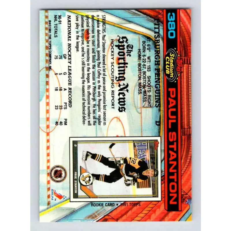 1991-92 Topps Stadium Club #380 Paul Stanton NM-MT Pittsburgh Penguins Hockey Card - Hockey Card Single