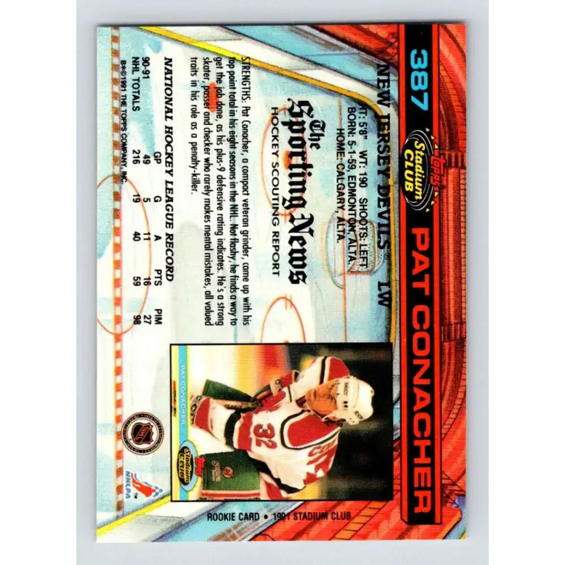 1991-92 Topps Stadium Club #387 Pat Conacher NM-MT New Jersey Devils Hockey Card - Hockey Card Single