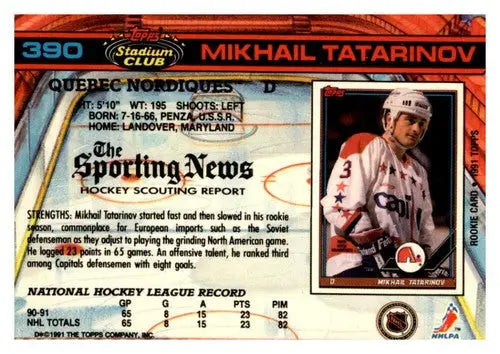 Original gloss hockey card of Mikhail Tatarinov from 1991-92 Topps Stadium Club Nordiques