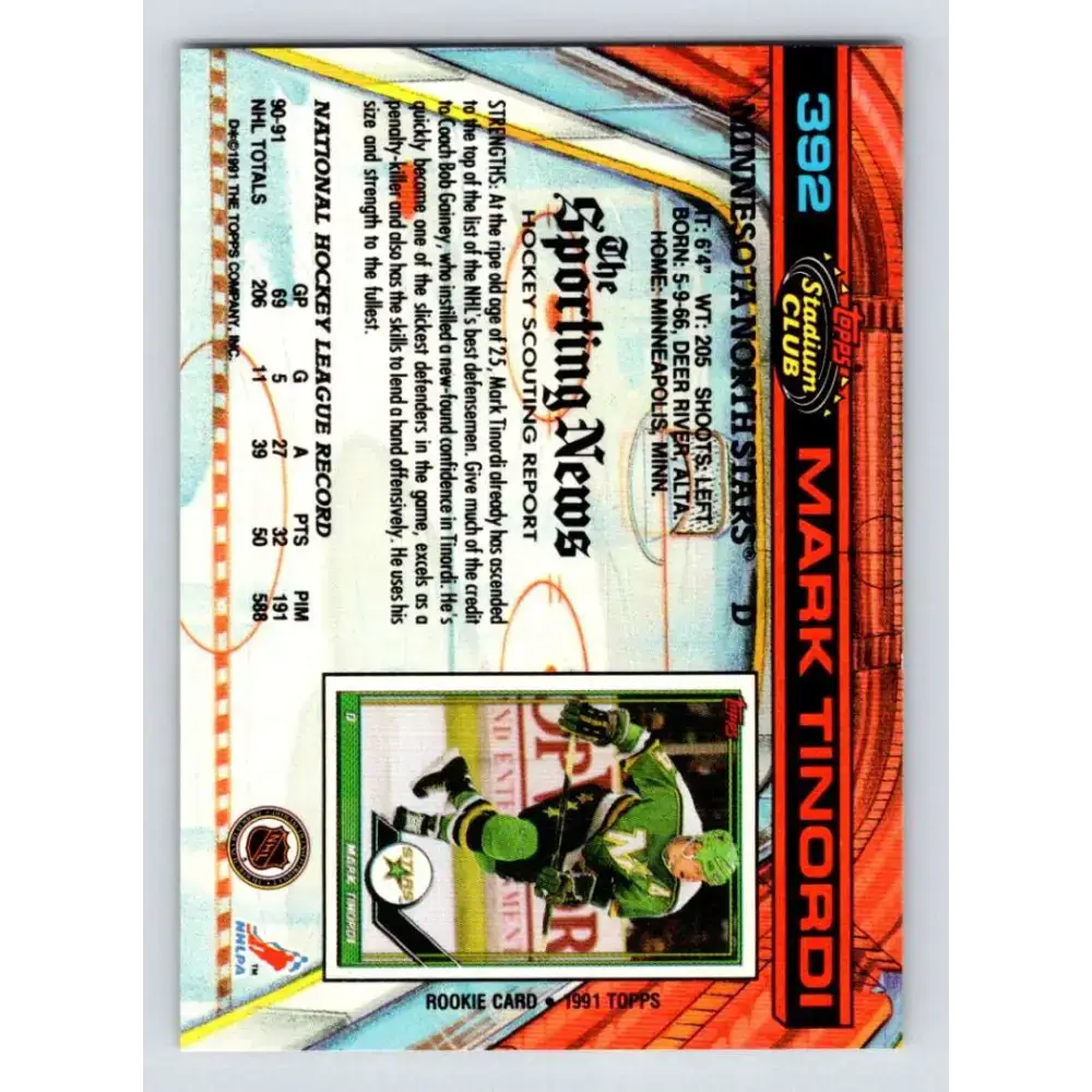 1991-92 Topps Stadium Club #392 Mark Tinordi NM-MT Minnesota North Stars Hockey Card - Hockey Card Single