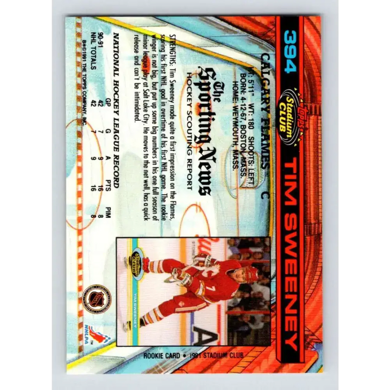 1991-92 Topps Stadium Club #394 Tim Sweeney NM-MT Calgary Flames Hockey Card - Hockey Card Single