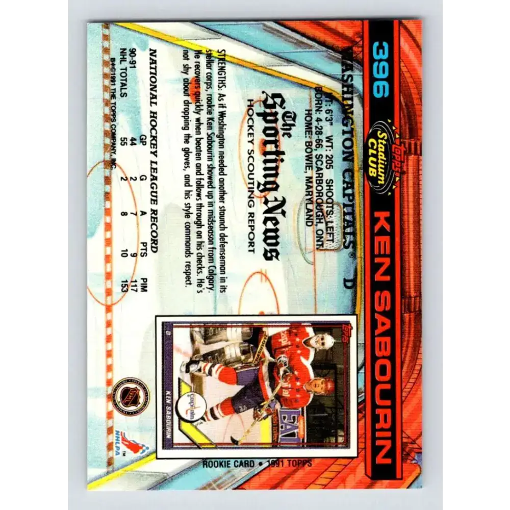 1991-92 Topps Stadium Club #396 Ken Sabourin NM-MT Washington Capitals Hockey Card - Hockey Card Single
