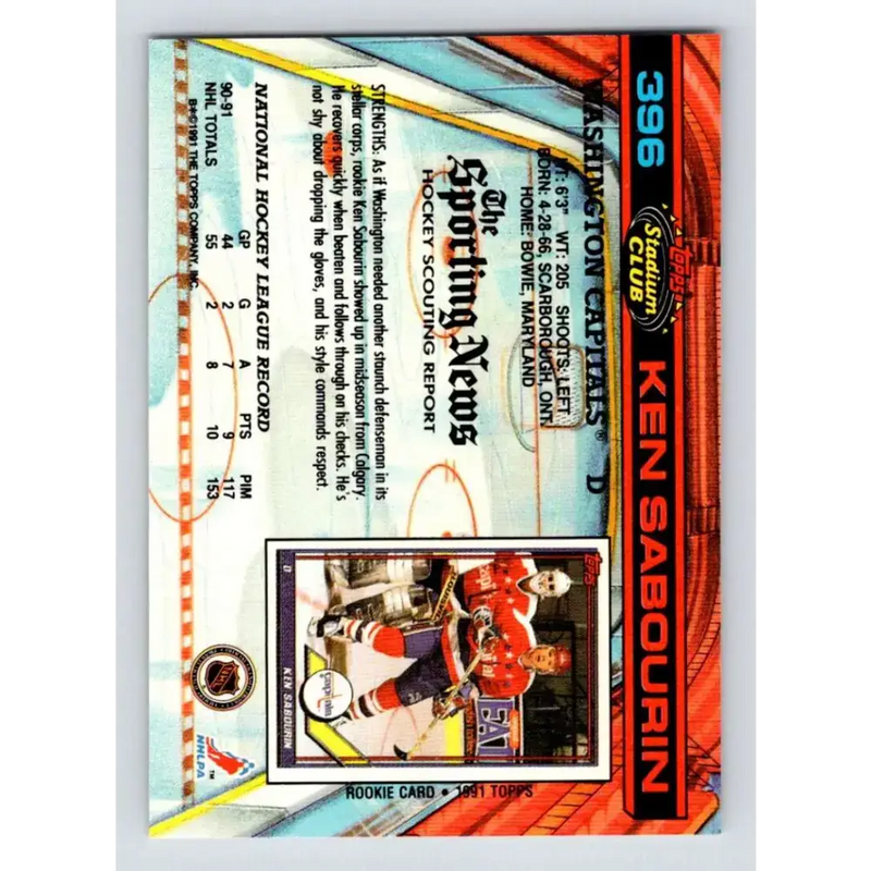 1991-92 Topps Stadium Club #396 Ken Sabourin NM-MT Washington Capitals Hockey Card - Hockey Card Single