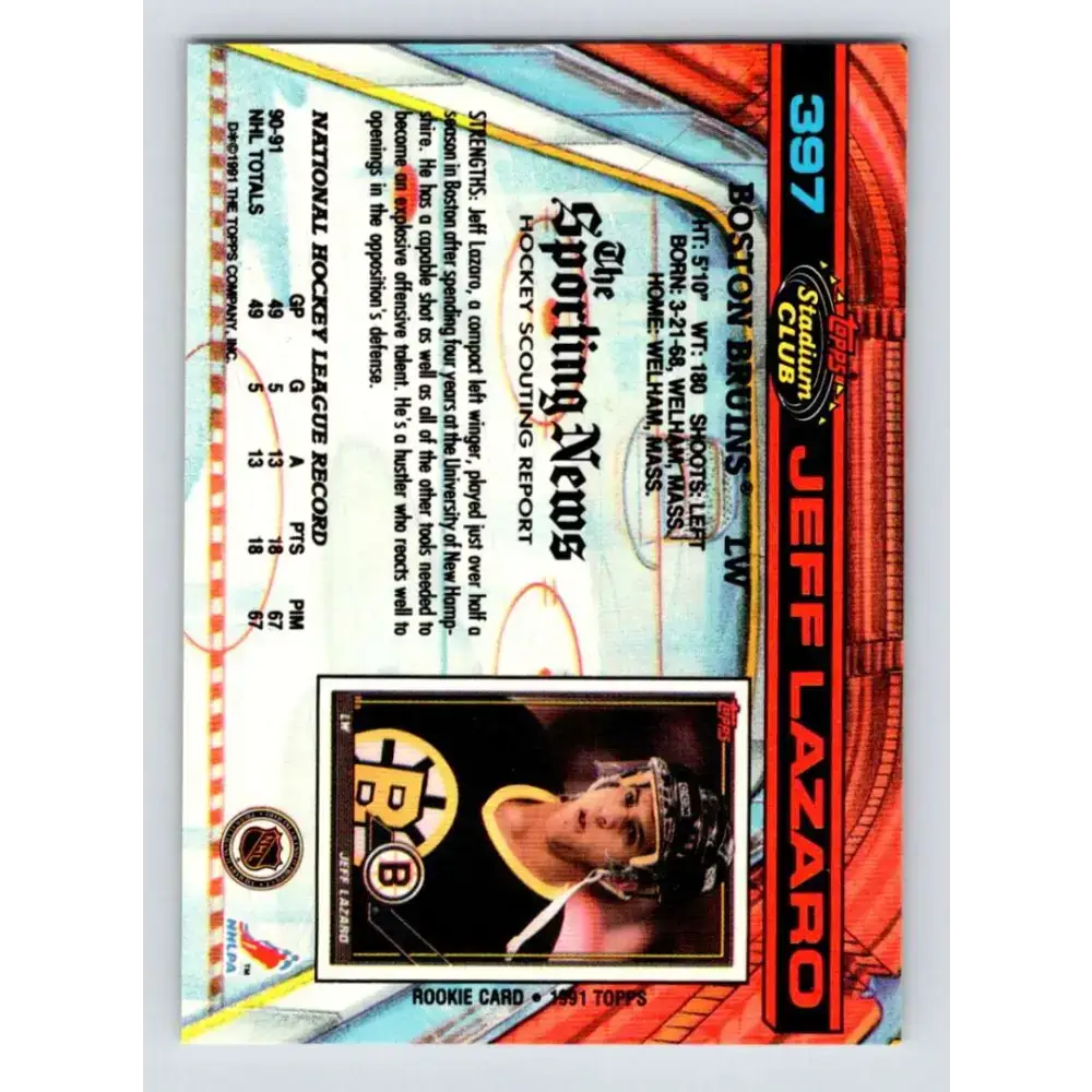 1991-92 Topps Stadium Club #397 Jeff Lazaro NM-MT Boston Bruins Hockey Card - Hockey Card Single