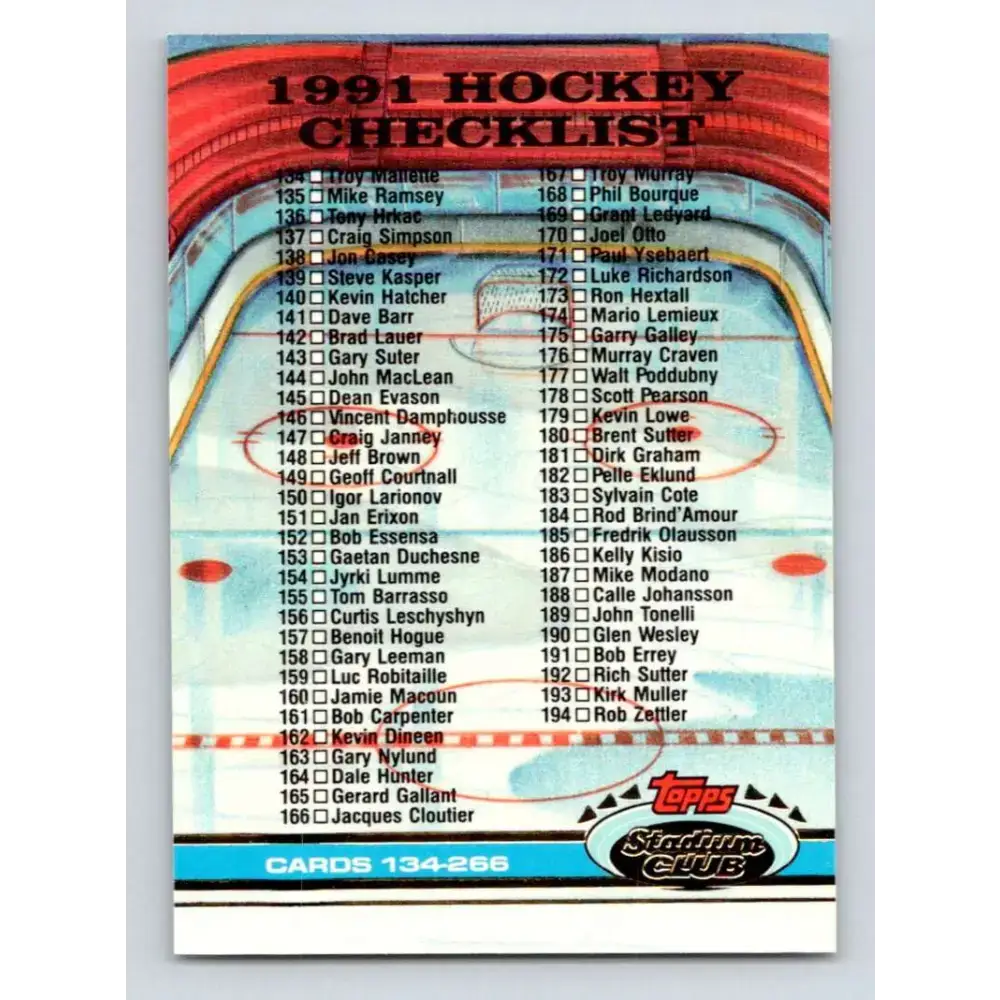 1991-92 Topps Stadium Club #399 Checklist 134-266 NM-MT Hockey Card - Hockey Card Single