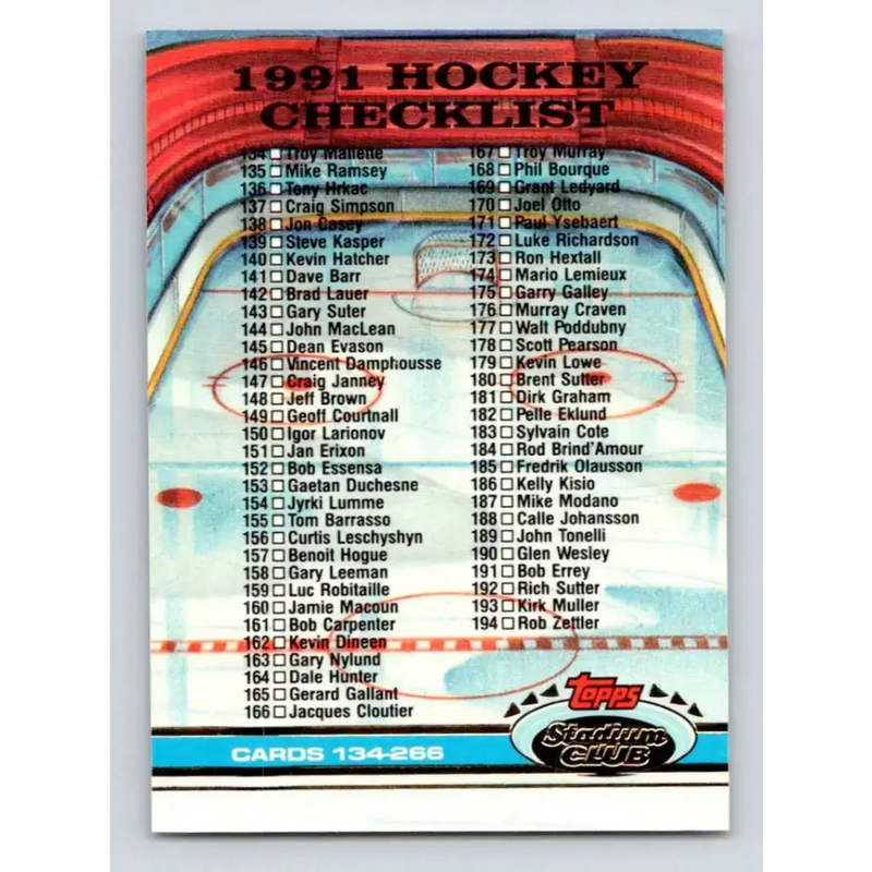 1991-92 Topps Stadium Club #399 Checklist 134-266 NM-MT Hockey Card - Hockey Card Single