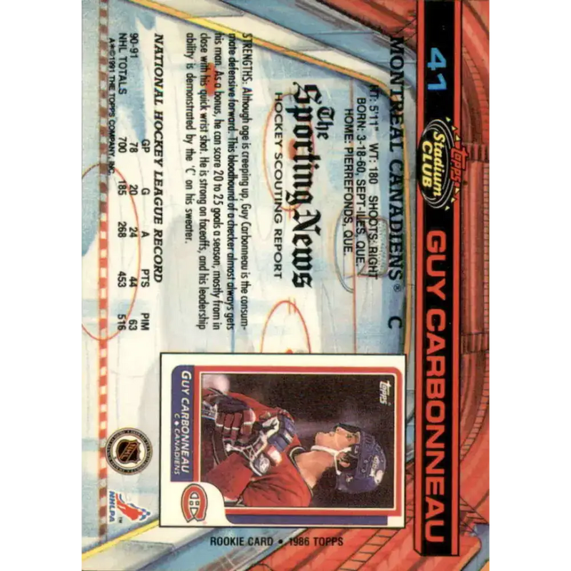 1991-92 Topps Stadium Club #41 Guy Carbonneau NM-MT Montreal Canadiens Hockey Card - Hockey Card Single