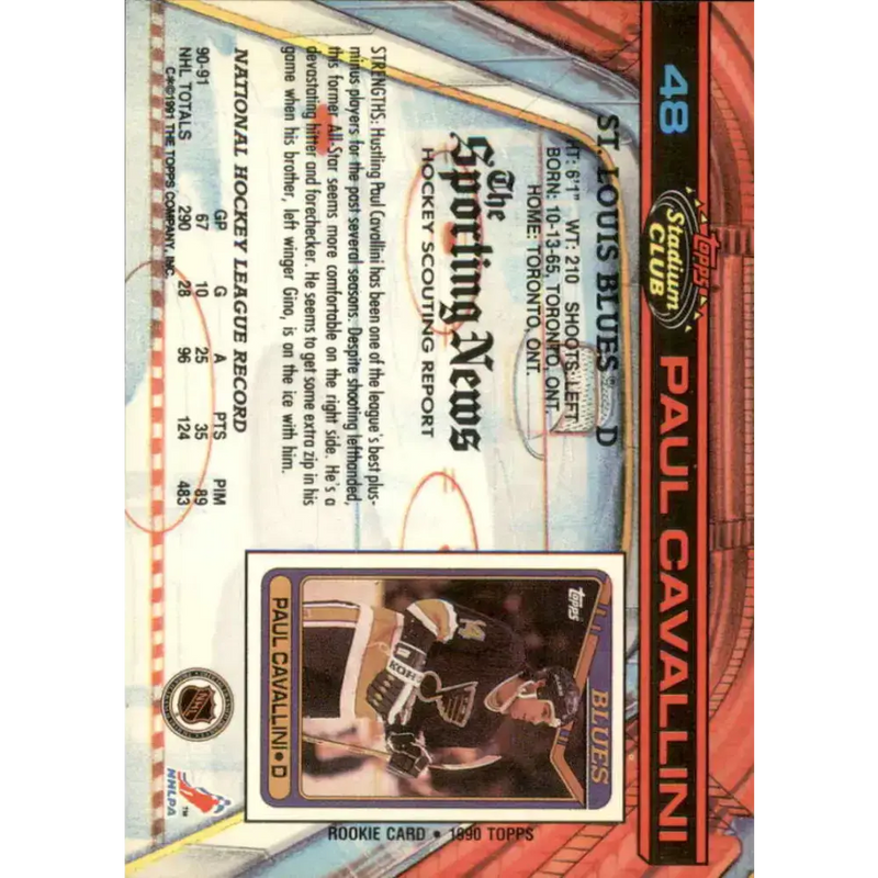 1991-92 Topps Stadium Club #48 Paul Cavallini NM-MT St. Louis Blues Hockey Card - Hockey Card Single
