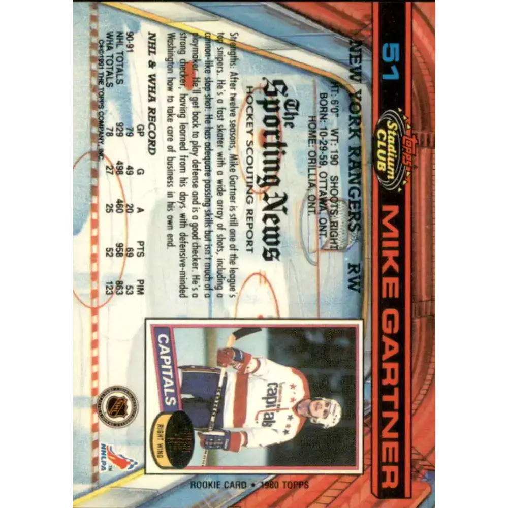 1991-92 Topps Stadium Club #51 Mike Gartner NM-MT New York Rangers Hockey Card - Hockey Card Single