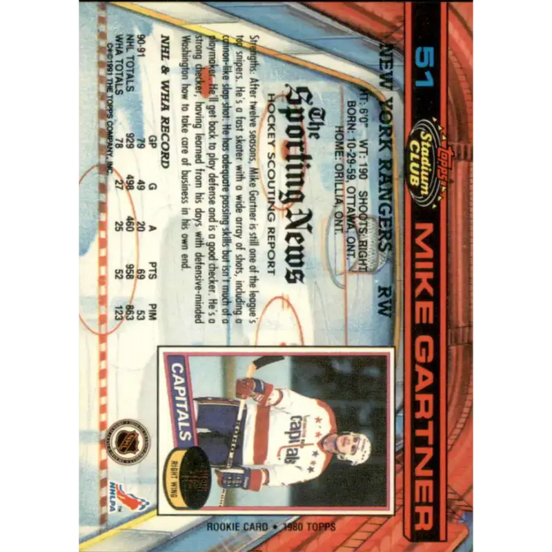 1991-92 Topps Stadium Club #51 Mike Gartner NM-MT New York Rangers Hockey Card - Hockey Card Single