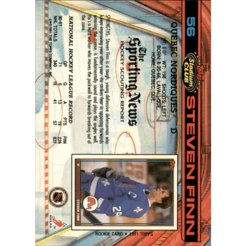 1991-92 Topps Stadium Club #56 Steven Finn NM-MT Quebec Nordiques Hockey Card - Hockey Card Single