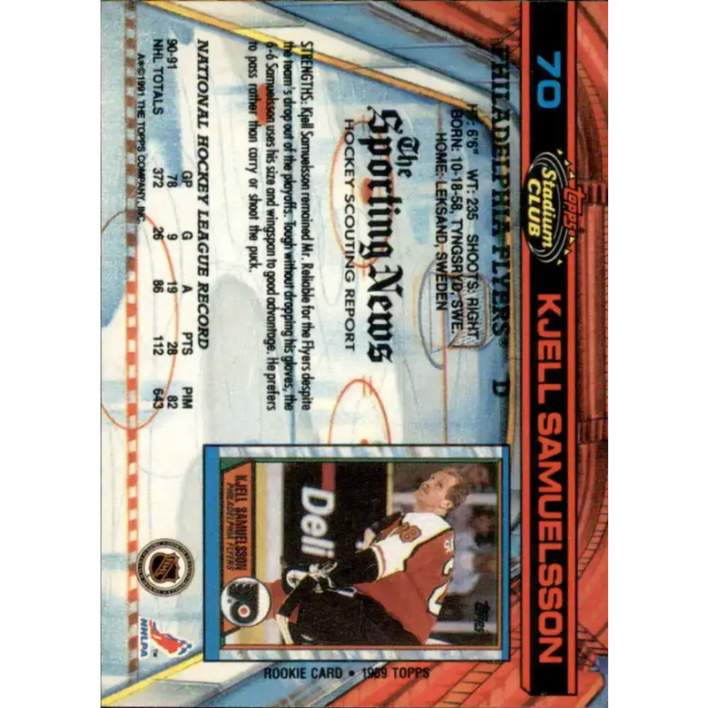 1991-92 Topps Stadium Club #70 Kjell Samuelsson NM-MT Philadelphia Flyers Hockey Card - Hockey Card Single