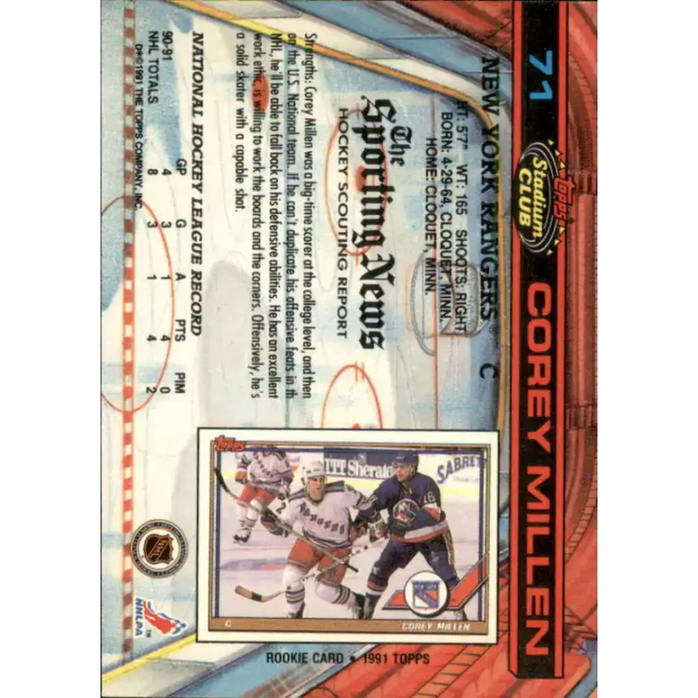 1991-92 Topps Stadium Club #71 Corey Millen NM-MT RC Rookie New York Rangers Hockey Card - Hockey Card Single