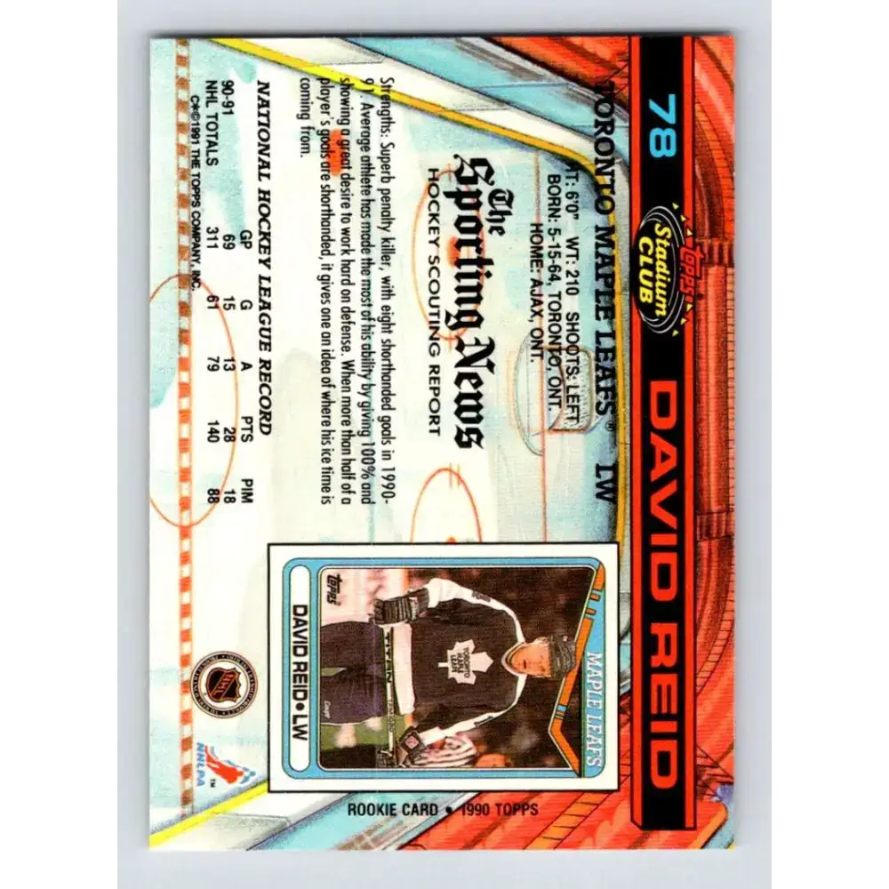 1991-92 Topps Stadium Club #78 David Reid NM-MT Toronto Maple Leafs Hockey Card - Hockey Card Single