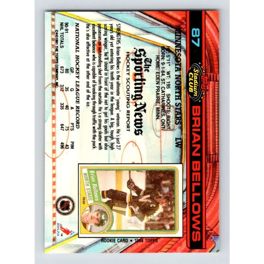 1991-92 Topps Stadium Club #87 Brian Bellows NM-MT Minnesota North Stars Hockey Card - Hockey Card Single