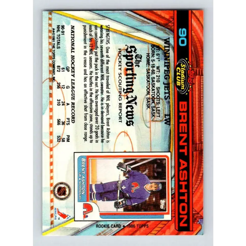 1991-92 Topps Stadium Club #90 Brent Ashton NM-MT Winnipeg Jets Hockey Card - Hockey Card Single